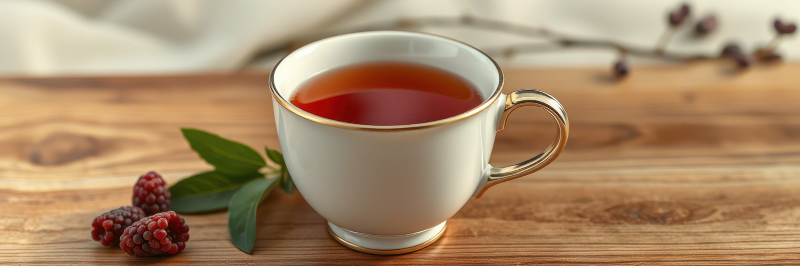 Warm cup of tea with blackberries and leaves on wooden table in cozy setting